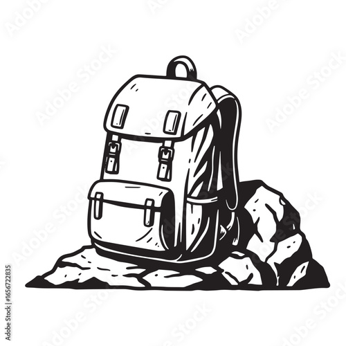 Detailed black and white illustration of a backpack resting on a rocky outcrop