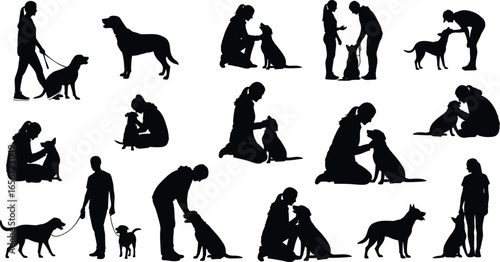 Dog walking, pet training, human interaction, silhouette vector, outdoor activity, companionship, playful moment, pet care, dog lover, animal bonding illustration