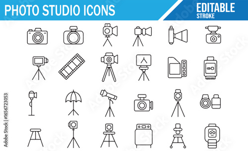 Photography icons set featuring equipment such as cameras, lighting, and tripods for studio environments.