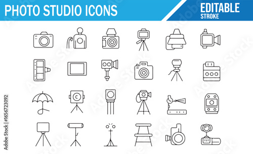 Editable vector icons of photo studio essentials like cameras, lights, and stands for media production.