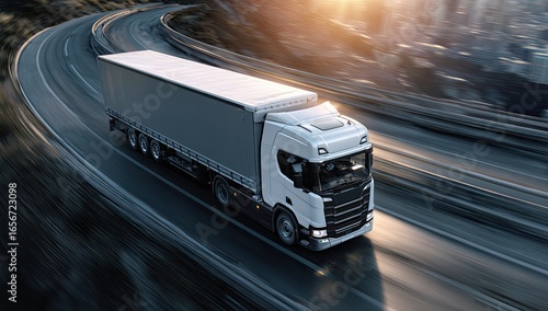 Truck on winding highway at sunset