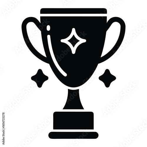Black silhouette of a trophy cup with starbursts on white background award winner
