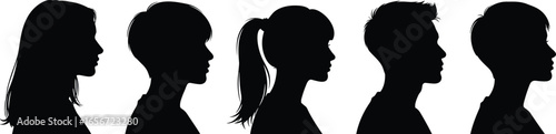 Silhouette heads with diverse hairstyles, vector profile icons, male and female haircut styles, black hair shapes, minimalist fashion design, hairstyle collection