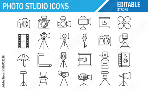 Vector icons of photo studio equipment like cameras, tripods, lighting, and softboxes in an editable format.