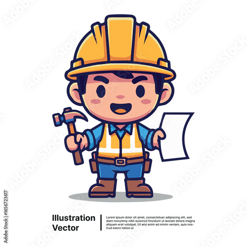 Cute chibi construction worker mascot with a hammer and paper plans. Professional builder character.