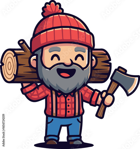 Friendly cartoon lumberjack mascot with a beard holding an axe and carrying a large wood log