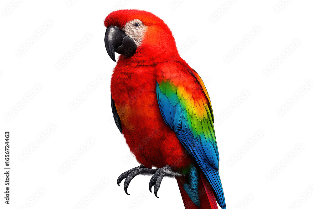 Fototapeta premium Vibrant red macaw parrot isolated on transparent background, full body view