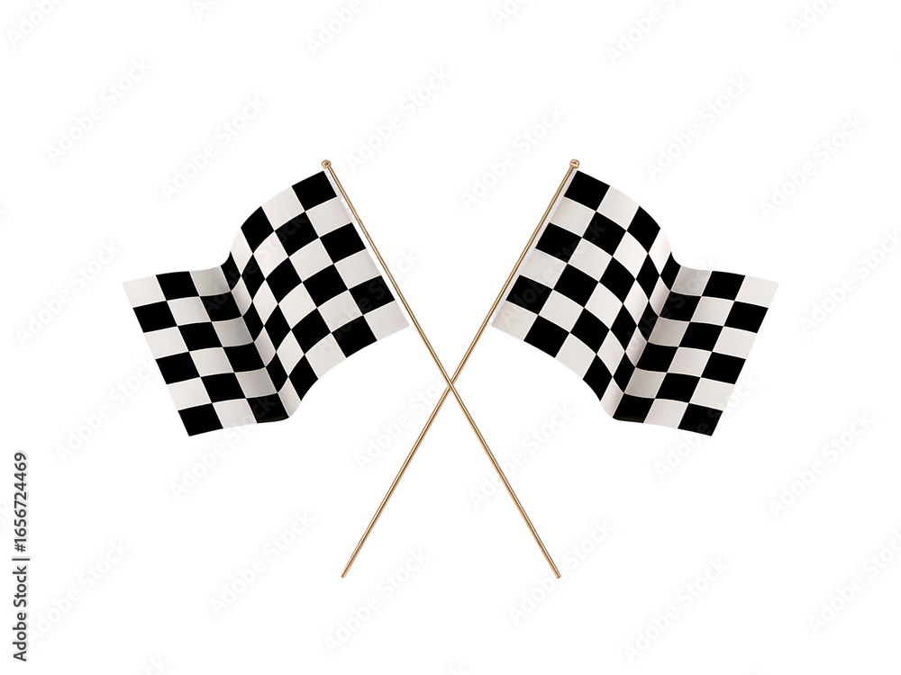 Fototapeta premium Checkered Flags Crossing Symbolizing Victory and Achievement in Racing Events Isolated on Black Backdrop for Graphic Design