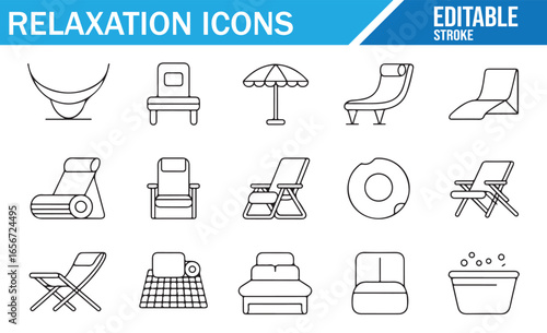 Relaxation icon set featuring a variety of chairs, hammocks, and lounging equipment in vector format.
