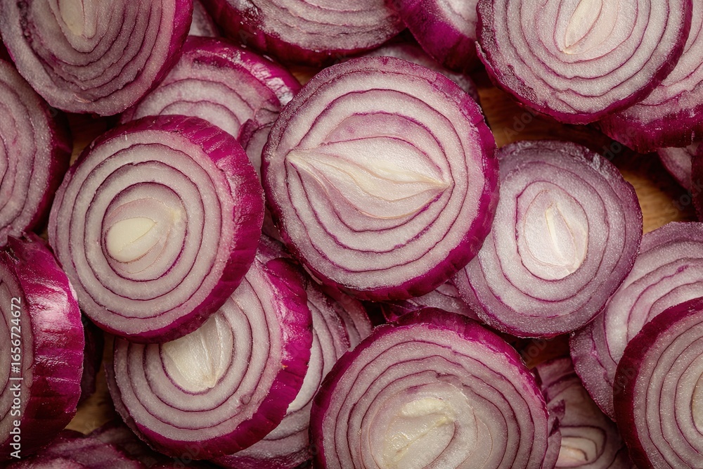 Fototapeta premium Radiant slices of red onion arranged artistically on a wooden kitchen surface