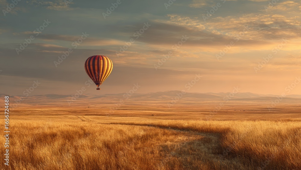Fototapeta premium Hot air balloon over golden field at sunrise (1)