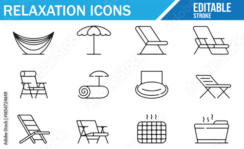 Set of relaxation icons featuring different lounge chairs, massage recliners, and accessories.