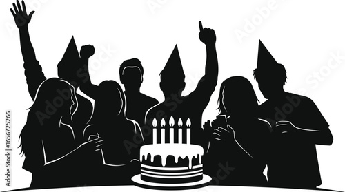 Silhouette of people celebrating a birthday party with cake and candles, representing joy, friendship, and festive gathering in a minimalist style