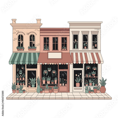 Charming town shops filled with lush green plants displayed on shelves and windowsills