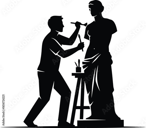 Silhouette of an artist sculpting a statue with a chisel and hammer, capturing the essence of artistic creation and craftsmanship