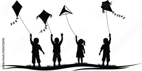 Silhouette of children flying kites in a field,capturing the joy and freedom of outdoor play and childhood adventures