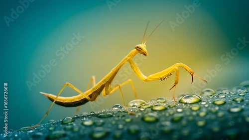 Praying mantis on dewy surface macro wildlife close up