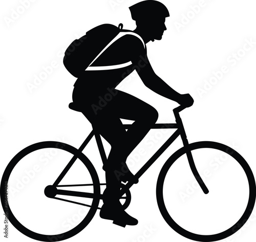 Silhouette of a cyclist riding a bicycle with a backpack, the person is engaged in a sport and fitness activity