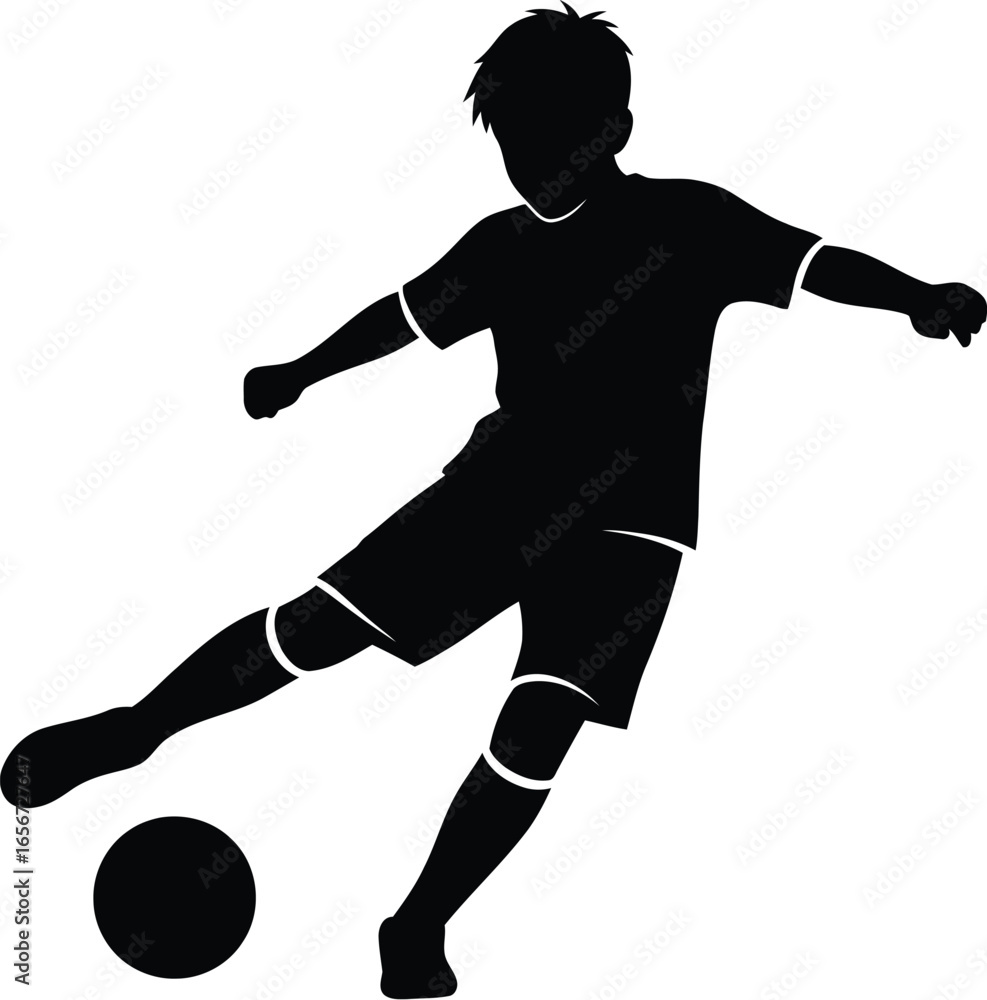 Naklejka premium Silhouette of a boy kicking a soccer ball, capturing the energy and action of youth sports