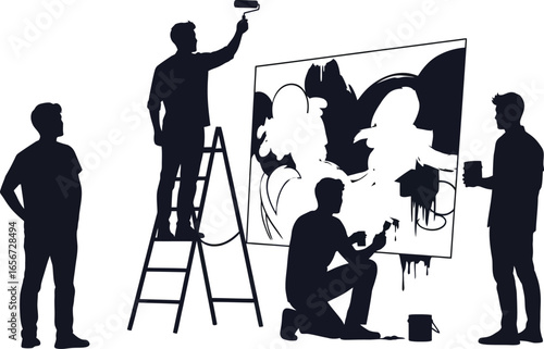 Silhouette of people painting a wall, , showing a team working together an art project with creativity and expression