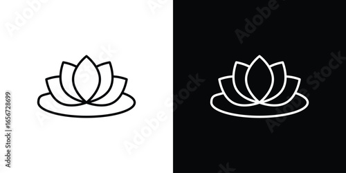 Lotus Flower Icon in Line Art Style, Isolated on White and Black Backgrounds