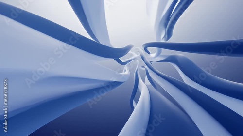 Abstract smooth, blue ribbons emerging from a central point, fading into background