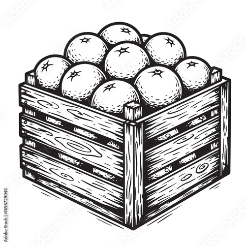 Hand drawn illustration of a wooden crate filled with oranges in black and white