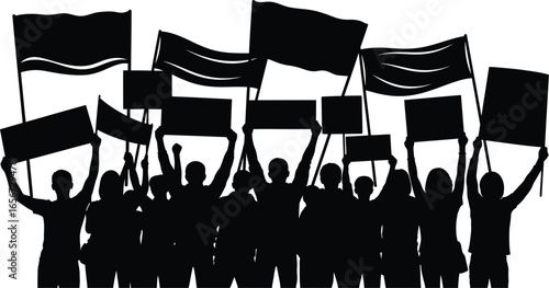 Silhouette of a large crowd of people protesting with signs and banners, advocating for social change and justice