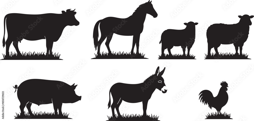 Fototapeta premium Assortment of farm animal silhouettes on grass livestock, farm, animal, livestock, silhouette, black and white, nature, grass, cow, horse, sheep, pig, donkey, rooster, mammal, domestic, agriculture, r