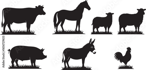 Assortment of farm animal silhouettes on grass livestock, farm, animal, livestock, silhouette, black and white, nature, grass, cow, horse, sheep, pig, donkey, rooster, mammal, domestic, agriculture, r