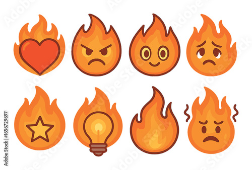 Fiery emoticons collection: expressions and icons with flame themes