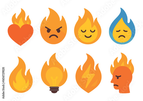 Flaming emoticons: heart, faces, bulb, bolt, featuring different emotions and symbols