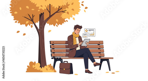 Man sitting on a park bench under an autumn tree, working on a tablet with charts, briefcase beside him.