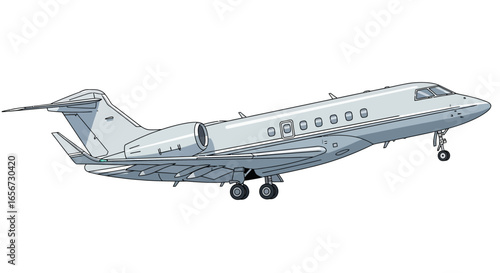 Side view illustration of a private jet airplane with landing gear down, ready for takeoff or landing against a white background.