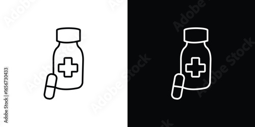 Medicine Bottle Icon with Pill, Isolated on White Background