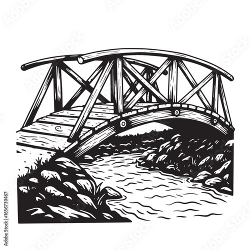 Hand drawn wooden bridge illustration arching over a flowing river and rocky banks in monochrome