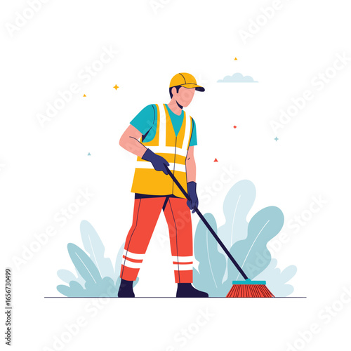 Street sweeper man working with broom cleaning sidewalk environment cleanliness maintenance