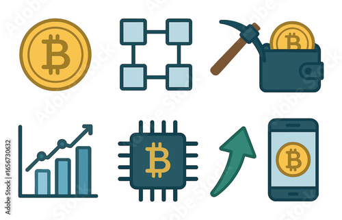 Bitcoin cryptocurrency symbols: mining, blockchain, wallet, growth, mobile technology icons