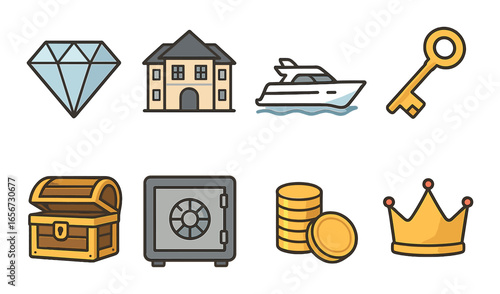 Luxurious icons collection featuring diamond, mansion, yacht, key, and more