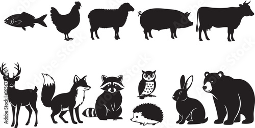 Collection of farm and wild animal silhouettes animals, animal, animals, silhouette, farm, wild, wildlife, domestic, nature, illustration, graphic, design, black, white, isolated, background, fish, ch