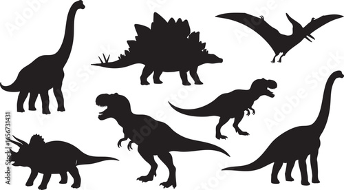 Dinosaur Silhouettes Collection on White Background, dinosaur, silhouette, tyrannosaurus rex, stegosaurus, triceratops, pterodactyl, brachiosaurus, prehistoric, ancient, reptile, jurassic, cretaceous,