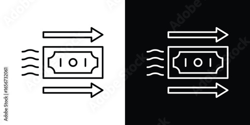 Money Transfer Icon in Line Art with White and Black Backgrounds