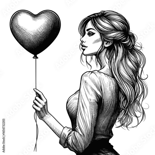 Woman holding heart balloon on transparent background