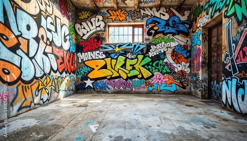 Urban Decay A vibrant display of colorful graffiti adorns the walls of an abandoned interior, with a window providing natural light