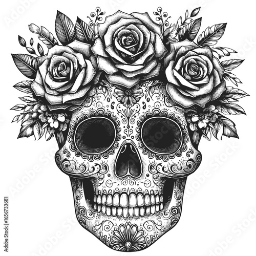 Sugar skull with roses in black-and-white style for Day of the Dead