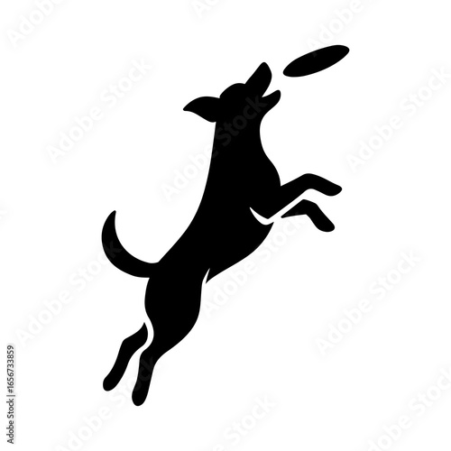 Black silhouette of a dog leaping to catch a flying disc