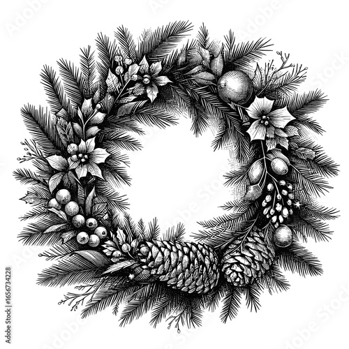 Christmas wreath in black-and-white ink style for holiday decoration