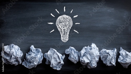 Crumpled paper and light bulb on a chalkboard
