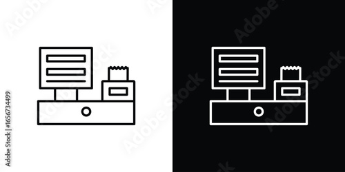 Cash Register Icon in Line Art Style with White and Black Backgrounds