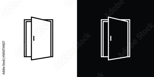 Open Door Icon in Line Art with White and Black Backgrounds